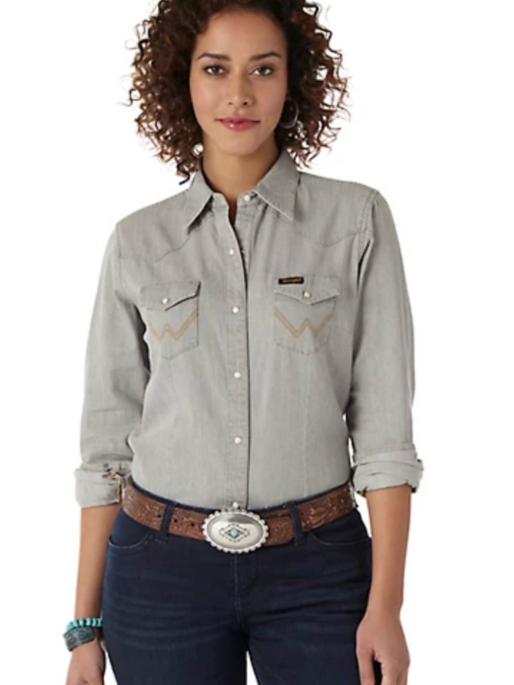 👒Wrangler Gray Western denim Snap Shirt size XS GUC